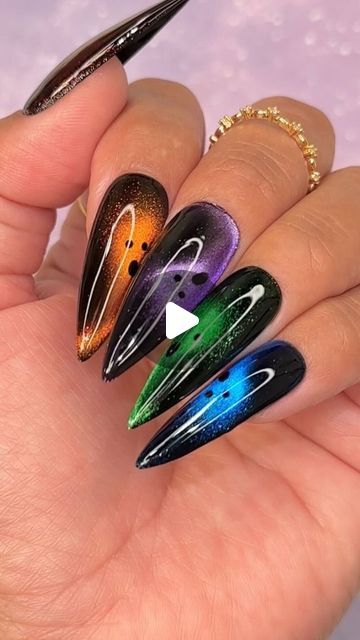 Cat Eye Effect Nails Halloween, Cats Eyes Nails Designs, Purple Chrome Halloween Nails, Cat Eye Gel Halloween Nails, Halloween Nails 2024 Stiletto, Cat Eye Halloween Nails, Halloween Cat Eye Nails, Spooky Mermaid Nails, Halloween Nail Art Tutorial