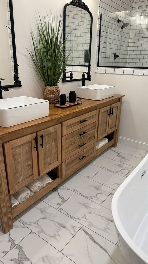 Bathroom Vanity With Cubbies - Etsy Bathroom With Wooden Vanity, Sink Bowls, Wooden Bathroom Vanity, Bathroom Vanity Remodel, Wood Bathroom Vanity, Bathroom Modern, Bathroom Decor Ideas, Bathroom Inspiration Decor, Dreamy Room