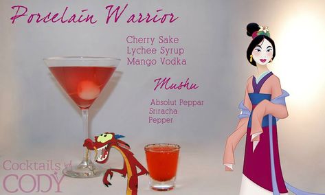 Disney-themed Cocktails by Cody - Mulan and Mushu (Mulan).  Description from his Facebook: In a clashing pair of drinks, I bring you Mulan and Mushu. Mulan's 'Porcelain Warrior' is a cherry sake based cocktail with a sweet mango & Lychee berry finish. While Mushu, being a dragon, I decided to make a damn spicy shot. A mix of Absolut Peppar and Sriracha rimmed with black pepper gives quite the kick. Disney Inspired Drinks, Disney Themed Cocktails, Disney Themed Drinks, Disney Princess Cocktails, Mango Vodka, Disney Inspired Cocktails, Disney Cocktails, Themed Cocktails, Disney Drinks