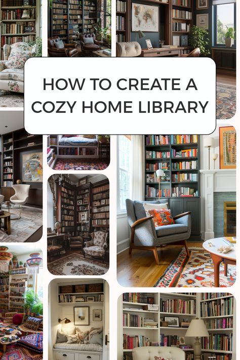 Tips, ideas and advice for how you can create your very own cozy home library. Small Book Room, Small Study Room Ideas Cozy Library, Cozy Home Library Aesthetic, Small Home Library Cozy Reading Room, Library Ideas For Home, Reading Room Ideas Cozy, Home Library Design Cozy, Cozy Library Room Ideas, Cozy Home Library Ideas