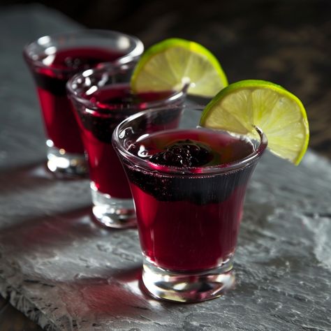 Vampire Shots Drink, Best Halloween Shots, Halloween Potion Shots, Fall Themed Shots, Vampire Party Games, Halloween Party Food And Drinks, Twilight Themed Alcoholic Drinks, Halloween Beverages Alcoholic, Batch Shot Recipes