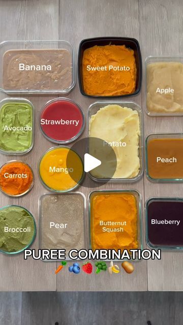 Eugenie🤍 on Instagram: "PART THREE: Here are all the homemade puree combinations my baby loves 🥦🍌🫐🥕🍓 I added the full list of combinations and shopping list at the end of the video✨ #babypuree #babypurees #puree #babyfood #babyeating #instababy #momlife #motherhood #instamom #fyp #fypシ #fypage" Baby Food Puree Recipes, Puree Combinations, Baby Purees, Baby Food 8 Months, Baby Food Combinations, Squash Puree, Sweet Potato And Apple, Baby First Foods, Weaning Recipes