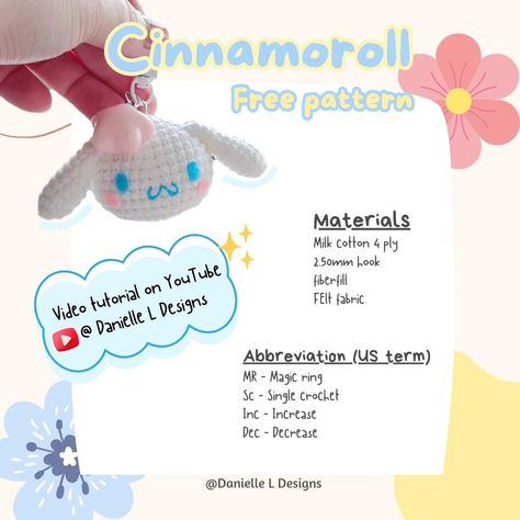 cinnamoroll crochet pattern • Instagram Cinnamonroll Sanrio Crochet Pattern, Sanrio Cinnamoroll Crochet Pattern, Cinnamoroll Crochet Keychain, Crochet Cinnamoroll Keychain, Cinamoroll Crochet Pattern, Cinnamoroll Crochet Pattern Free, Crochet Cinnamoroll Free Pattern, Cinnamoroll Crochet Pattern, Crochet Patterns Keychain