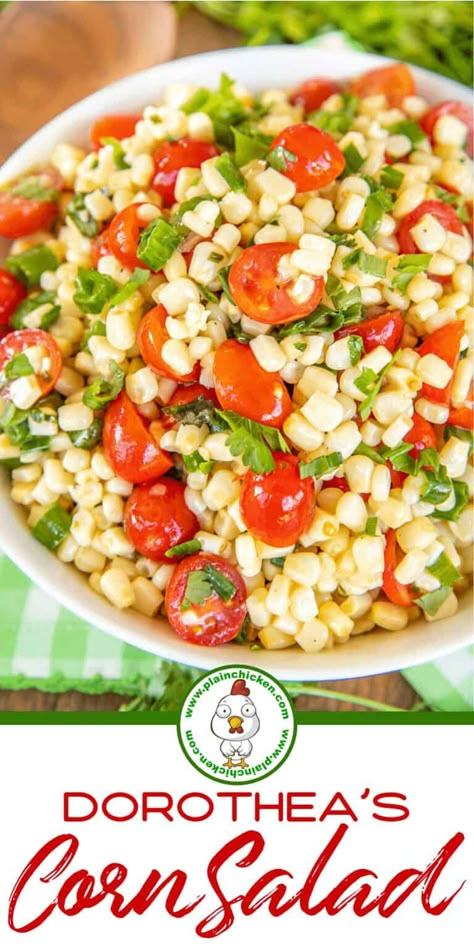 Dorothea's Corn Salad - the perfect summer side dish! Recipe from Reese Witherspoon's Grandmother. Corn, tomatoes, green onions, fresh herbs tossed in a homemade dressing made with white wine vinegar, lime juice, Dijon mustard, salt, pepper, honey, shallot, and olive oil. Can make in advance and refrigerate for later. Great for all your summer potlucks! #potluck #corn #salad #sidedish Corn And Tomatoes Side Dish, Beach Cookout, Corn And Tomato Salad, Tomato Side Dishes, Crock Pot Baked Potatoes, Corn Salad Recipe, Classic Potato Salad, Summer Side Dish, Cucumber Tomato Salad