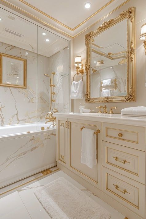 White Gold Marble Bathroom, Blue And Gold House Decor, Blue White And Gold Bathroom, Royalty Bathroom, Gold Princess Aesthetic, White And Gold, White And Gold Home Decor, Gold Bathroom Decor Ideas, Fancy Home Decor