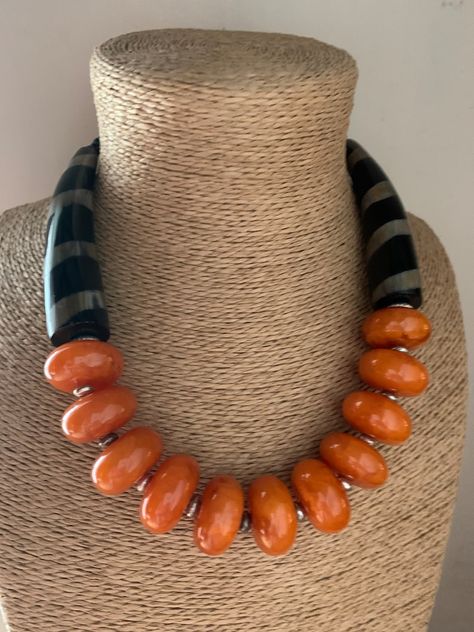 BIG BEAD NECKLACE Resin & Horn Beaded Necklace - Etsy UK Big Bead Necklace, African Trade Bead Jewelry, Red Crackle, Pebble Jewelry, Long Horn, African Accessories, Beaded Necklace Designs, Chunky Statement Necklace, Orange Turquoise