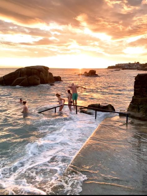 Dublin, Ireland swimming spot at sunrise. Magic ✨ Sea Swimming Ireland, Dublin Beach, Summer In Ireland, Sunrise Swim, Backpacking Ireland, Ireland Aesthetic, Ireland Beach, Ireland Road Trip, Action Board