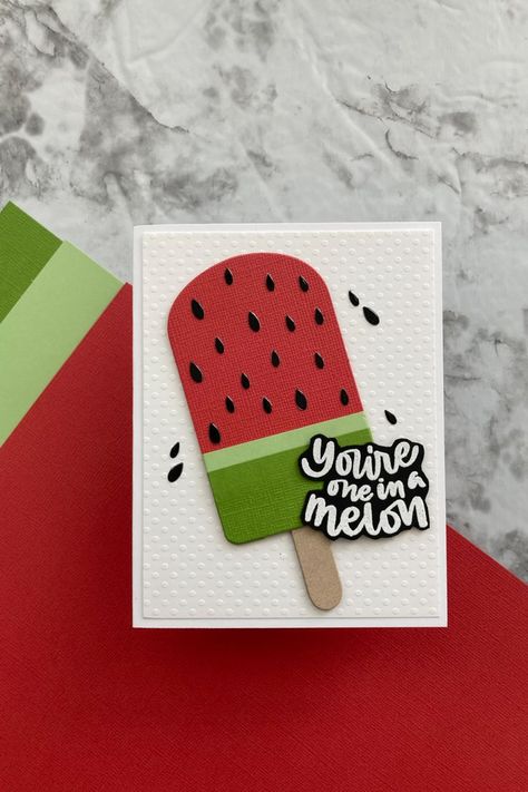 handmade card for summer featuring a paper watermelon Watermelon Summer, Summer Watermelon, Summer Theme, Supply List, Card Making Tutorials, Red Barns, Specialty Paper, Glitter Paper, Handmade Birthday Cards