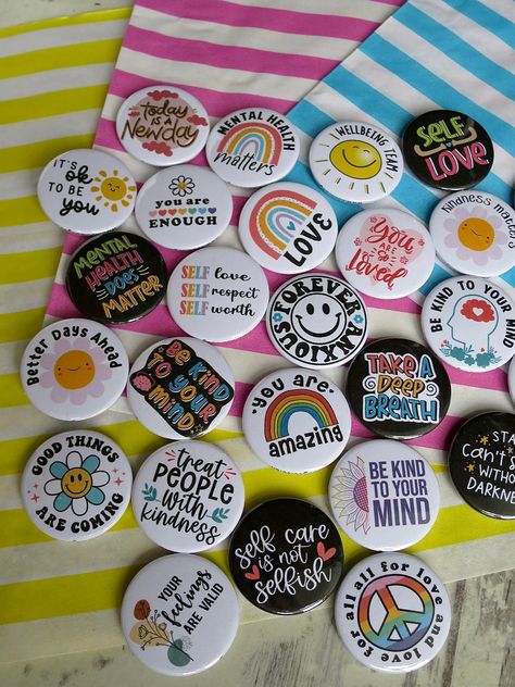 Badge Ideas, Button Machine, Badge Maker, Wedding Card Frames, Pin Ideas, Teacher Badge, Positive Mental Health, Button Badges, Mental Health And Wellbeing