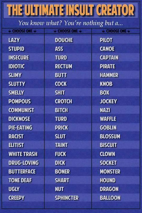 this is totally Hilarious.... you could make up names all day Long.... & find Humor in the the Situation before it becomes a Situation!!! Sort of a Cool Off period lmao!!! Insulting Names, Insulting Words, Insulting Quotes, Really Good Comebacks, Curse Words, Funny Comebacks, Cuss Words, Good Comebacks, Writing Inspiration Prompts