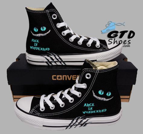 Painted Converse High Tops, Alice In Wonderland Cat, Hand Painted Converse, Alice In Wonderland Shoes, Painted Converse, Alice In Wonderland Cheshire Cat, Converse Hi, Cat Boots, Wonderland Cheshire Cat