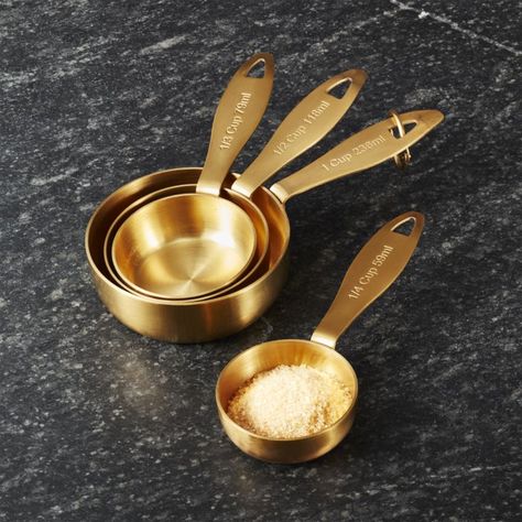 Gold Measuring Cups, Indian Kitchen Utensils, Kitchen Wishlist, Kitchen Vibes, Gold Kitchen Accessories, Gold Gallery, Stainless Steel Measuring Cups, Measuring Cups And Spoons, Vintage Kitchen Utensils