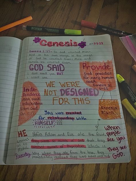 Bible Binder Cover, Christian Journal Ideas Inspiration, Bible Study Drawings, Bible Study Notes Genesis, Bible Verses Notebook Ideas, Jesus Notebook Ideas, Church Notes Journal Ideas, Genesis Bible Journaling Notes, God Journal Ideas