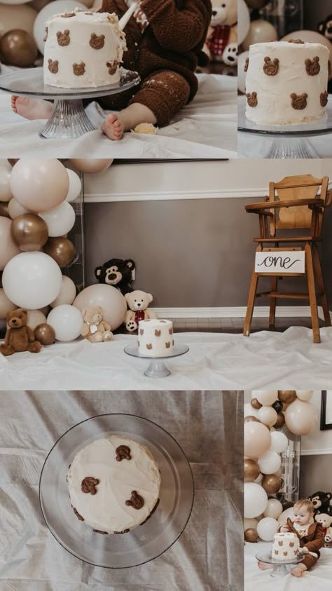 Multiple pictures of a room decorated for a cake smash. Balloons, teddy bears and a high chair in the background with a white cake with icing teddy bear heads all over on a cake stand in the middle of the room. Brown First Birthday Theme, 1st Birthday Party Ideas Teddy Bear, Teddy Party Ideas, Bear Themed Cake Smash, Teddy Bear Theme 1st Birthday Photoshoot, 1st Birthday Teddy Bear Picnic, Bear Theme One Year Old Birthday, Bear Cookies 1st Birthday, One Year Bear Birthday