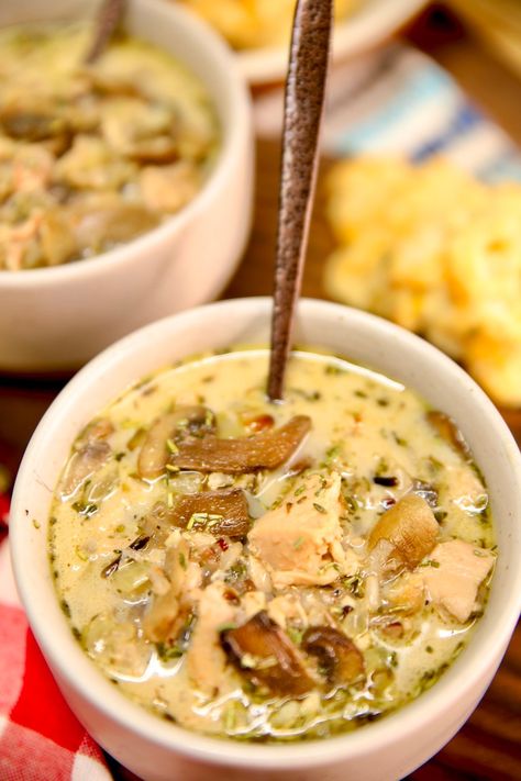 Creamy Chicken Wild Rice Soup with mushrooms is a hearty soup that is warm, filling and so delicious. Great for busy weeknights, this soup can be prepared in under an hour. Wild Rice Soup With Mushrooms, Turkey Wild Rice Soup, Magnolia Table Recipes, Turkey Rice Soup, Soup With Mushrooms, Joanna Gaines Recipes, Chicken And Wild Rice Soup, Wild Rice Soup Recipes, Chicken Wild Rice