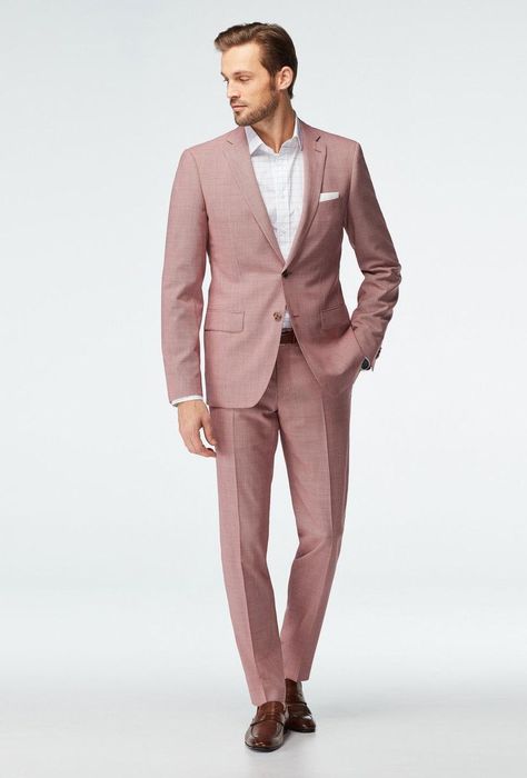 This colorful two-piece suit is made with 100% wool that's lightweight, soft, and luxurious. The muted red color is trendy and playful without feeling over the top—it's pretty much right on the money when it comes to summer wedding guest attire for men. - Click to shop directly from WeddingWire! Pink Suit Men, Wedding Guest Men, Wedding Guest Suits, Wedding Guest Outfit Inspiration, Summer Wedding Suits, Terno Slim, Muted Red, Mens Wearhouse, Stylish Suit