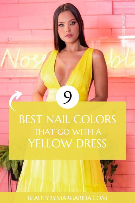 Not sure what nail color goes with a yellow dress? Here you'll find the best nail polish colors to wear with yellow dresses, whether for a wedding or a laid-back party! Dress: Ateliê Nosso Cabide Nail For Yellow Dress, What Color Nails With Yellow Dress, Nail Color With Yellow Dress, Nails To Go With A Yellow Dress, Styling A Yellow Dress, Nails For A Yellow Dress, Yellow Dress Accessories Wedding, Yellow Dress Accessories Jewellery, Yellow Dress Nails