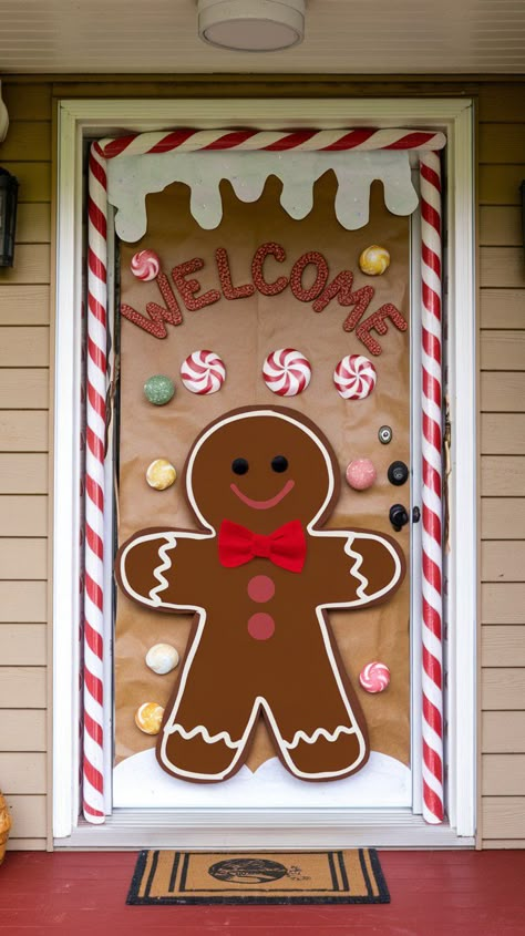 Looking to create festive Christmas door decorations? Discover easy DIY ideas that busy moms can make to bring holiday cheer to any door. Christmas Door Decorating Contest Office Gingerbread, Christmas Door Decorations Simple, Diy Gingerbread House Door Decorations, Diy Gingerbread Classroom Door, Gingerbread Door Contest, Diy Door Christmas Decor, Christmas Decor Diy Easy, Office Gingerbread Decorations, Christmas Theme Door Decorations