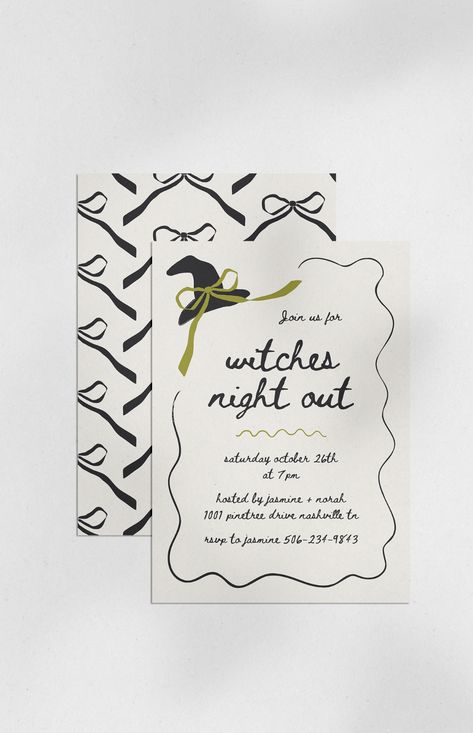 Customizable Minimal Witches Hat with Bow Halloween Invitation. These printable templates are perfect for cozy halloween dinner party, or even a costume party! Invite all your besties for a night of scary movies, creepy costumes and all the candy they can eat! 
#heykellystudio #halloweeninvite #cutehalloween #witch #witchestheme #girlsnight #canvahalloween #aesthetichalloween #neutralhalloween Invite Aesthetic, Costume Party Invite, Dinner Party Invite, Witches Night, Halloween Dinner Party, Bow Invitation, Witches Night Out, Halloween Party Invite, Creepy Costumes