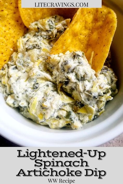 Lightened-Up Spinach Artichoke Dip is a skinny version of the classic dip that doesn't sacrifice the flavor. Lite Cravings, Huge Party, Healthy Snacks To Make, A Lot Of Food, We Have A Winner, Spinach Artichoke Dip, Healthy Meals For Two, Artichoke Dip, Spinach Artichoke