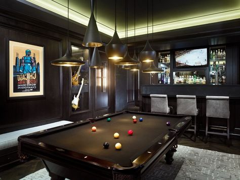 Black Pool Table, Bar Pool Table, Pool Table Room, Man Cave Room, Modern Basement, Home Remodeling Contractors, Game Room Bar, Man Cave Wall Decor, Man Cave Home Bar