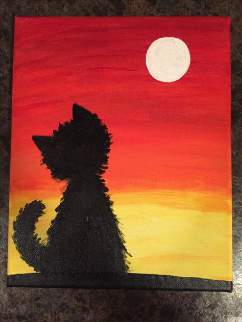 For Aunt Susan #cat #sunset Simple Cat Painting, Sunset Painting Easy, Cute Easy Paintings, Oil Pastel Drawings, Paint And Sip, Sunset Painting, Mini Canvas, Guided Drawing, Art Workshop