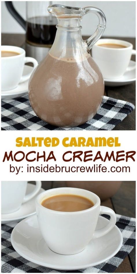 Salted Caramel Mocha Creamer - this homemade coffee creamer has salted caramel and mocha flavors in it. Great copycat recipe for the popular store bought creamer. Caramel Mocha Coffee, Mocha Coffee Creamer Recipe, Flavored Coffee Recipes, Mocha Creamer, Homemade Coffee Creamer Recipe, Diy Coffee Creamer, Flavored Coffee Creamer, Homemade Coffee Creamer, Salted Caramel Mocha