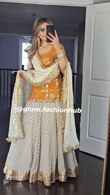 Jaago Outfit Ideas, Jago Outfits, Punjabi Dresses For Jaggo, Sharara For Haldi, Punjabi Lehenga Designs, Punjabi Ghagra For Jaggo, Jaggo Outfit Punjabi Sharara, Punjabi Jaggo Lengha, Punjabi Ghagra Jago Suit