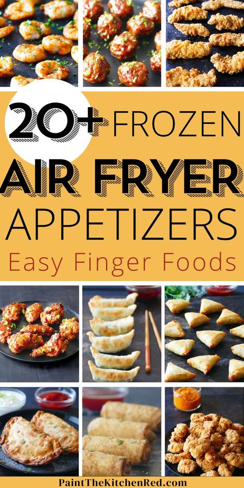 Collage of frozen foods - shrimp, meatballs, chicken tenders, chicken wings, potstickers, samosas, empanadas, eggrolls, and popcorn chicken with text "20+ frozen air fryer appetizers easy finger foods". Air Fryer Appetizers, Frozen Popcorn, Instant Pot Air Fryer, Frozen Sweet Potato Fries, Zucchini Side Dishes, New Air Fryer Recipes, Freeze Sweet Potatoes, Frozen Appetizers, Air Fried Food