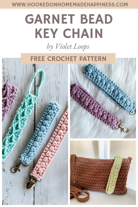 Garnet Bead Keychain Crochet Pattern by Violet Loops (Guest Designer) | Hooked on Homemade Happiness Wristlet Crochet Pattern, Crocheted Keychain Patterns Free, Crochet Key Lanyard Pattern Free, Crochet Luggage Tags Free Pattern, Crochet Lanyard Keychain, Crochet Keychain Wristlet Pattern Free Easy, Crochet Keyring Pattern, Crocheted Lanyards Patterns, Wristlet Keychain Crochet Pattern