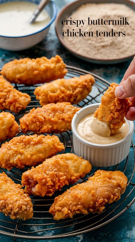 Overhead view of crispy buttermilk fried chicken tenders on wire rack with ingredients and hand dipping in honey mustard sauce. Breadcrumb Fried Chicken, How To Make Fried Chicken Tenders, Best Crispy Chicken Tenders, Buttermilk Chicken Tenders Air Fryer, Fried Chicken Recipe Tenders, Saucy Chicken Tenders, Buttermilk Tenders, Home Made Chicken Tenders, Buttermilk Marinade For Chicken