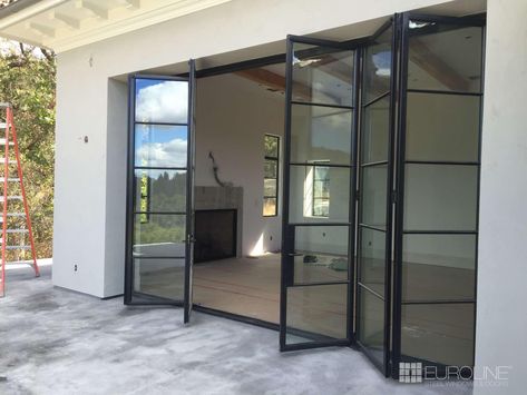 Custom Exterior Steel Bifold Doors | Euroline Steel Windows Industrial Bifold Doors, Bifold Steel Doors, Bifold Glass Doors Patio, Exterior Bifold Doors, Exterior Sliding Glass Doors Patio, Bifold Exterior Doors, Folding Doors Exterior, Bifold Doors Makeover, Bifold Patio Doors