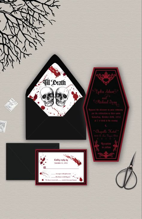 Horror Wedding, Haunted Wedding, Spooky Wedding, Dark Romantic Wedding, Red Coffin, Gothic Wedding Theme, Goth Bride, Vampire Wedding, Dark Wedding Theme