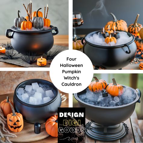 Cauldron Centerpiece Halloween, Pumpkins And Candles, Witch's Cauldron, Spooky Halloween Decor, Witchs Cauldron, Carte Halloween, The Black Cauldron, Witches Cauldron, Spooky Halloween Decorations