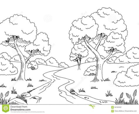 Forest Clip Art, River Drawing, Clip Art Black And White, Contemporary Landscape Design, Forest Coloring, Forest Drawing, Black And White City, Landscape Sketch, Forest Background