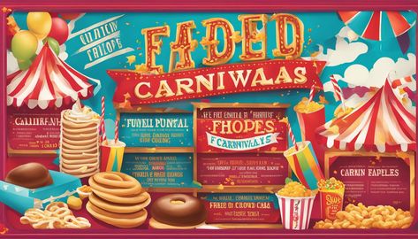 List Of Carnival Foods Carnival Foods, Deep Fried Desserts, Kettle Corn Popcorn, Fried Cheesecake, Gourmet Caramel Apples, Fried Dessert, Fried Oreos, Hot Dog Toppings, Boiled Peanuts