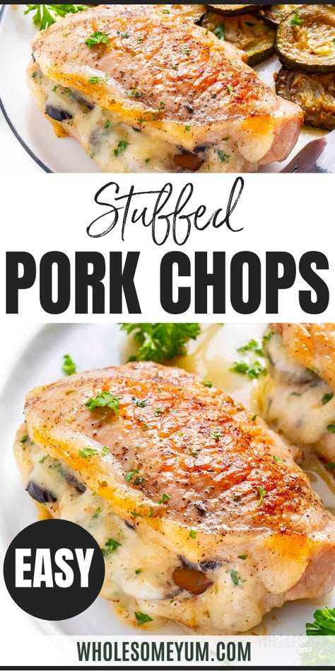 Stuffed Pork Chops Mozzarella Pork Chops, Stuffed Pork Chops With Cream Cheese, Stuffed Butterfly Pork Chop Recipes, Asparagus Stuffed Pork Chops, Stuffed Pork Loin Chops, Healthy Stuffed Pork Chops, Mushroom Stuffed Pork Chops, Stuff Pork Chop, Pork Chops Stuffed