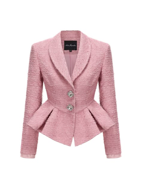 Elevate your outerwear collection with the Sabrina Blazer, expertly crafted from woven bright silk fabric that radiates luxury. Featuring round lapels and intricate edge stitching details, this blazer exudes sophistication. The shoulder pad design adds structure and elegance, while two brand-customized diamond buttons on the placket provide a touch of glamour. A cloth-covered buckle closure enhances the chic aesthetic, and the V-shaped dividing line at the waist creates a flattering, slimmer sil Women Blazer Design, Blazer Designs Women, Ladies Blazer Design, Pink Blazers, Womens Blazer Coat, Hmong Design, Blazer Design, Sunday Top, Structural Fashion