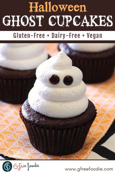 Gluten-Free Ghost Cupcakes || These spooky-cute treats are perfect for a kid-friendly Halloween get together! Chocolate cupcakes are topped with a vanilla buttercream frosting and two chocolate eyes. It's the easiest, most adorable allergen-free treat ever! #gfreefoodie #halloween #glutenfree #trickortreat #cupcakes Vegan Gluten Free Halloween Desserts, Halloween Desserts Gluten And Dairy Free, Healthy Halloween Cupcakes, Allergen Free Halloween Treats, Gluten Free Halloween Cupcakes, Gluten And Dairy Free Halloween Treats, Gluten Free Dairy Free Halloween Treats, Dairy Free Halloween, Halloween Get Together