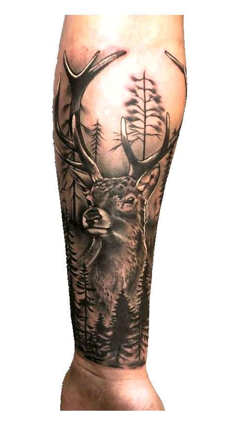 Deer Tattoo Men, Deer Hunting Tattoos, Forest Tattoo Sleeve, Hunting Fishing Tattoo, Outdoor Tattoo, Outlaw Tattoo, Deer Skull Tattoos, Deer In Forest, Shield Tattoo