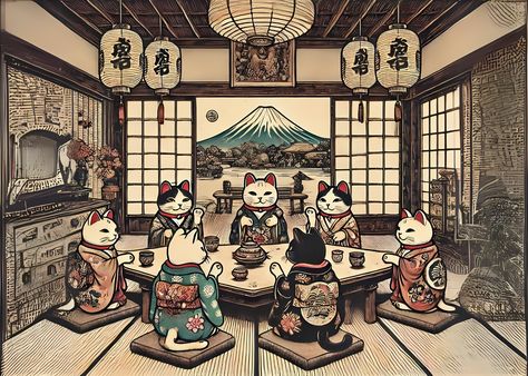 #neko #nekoma #manekineko #cat #Edo #ukiyoe Cat Kingdom, Maneki Neko, Cat Stuff, Cat House, Kimonos, Asian Art, Cute Cats, Anime Art, Japan