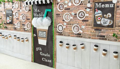 coffee-house-classroom-door-dÃ©cor-idea-1 Coffee House Classroom, Classroom Cafe, Coffee House Decor, Cafe Theme, Classroom Charts, Classroom Decor High School, Classroom Makeover, School Culture, Class Theme