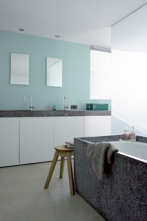 A natural stone bath and pale blue wall colour makes for a spa like bathroom. Create this look with #MintMacaroon. #Dulux #Paint #Painting #Ireland #Bathroom #BathroomIdeas #Blue Dulux Bathroom Paint, Dulux Bathroom, Staff Room Ideas, Feature Wall Paint, Pastel Bathroom, Room Renovation Ideas, Pale Blue Walls, Best Bathrooms, Family Room Wall