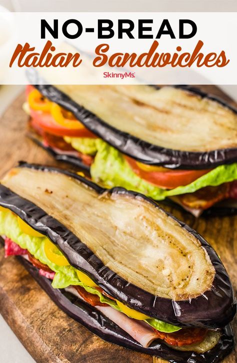 These eggplant slices are perfect for No-Bread Italian Sandwiches! They have a spongy texture like real bread, and they hold up well without falling apart. Simply put, they eat perfectly when filled with flat deli meats. It’s like a match made in heaven! #nobreadsandwiches #skinnyitaliansandwiches Eggplant Bread, Bread Italian, Italian Sandwiches, Eggplant Sandwich, Bread Alternatives, Carb Alternatives, Real Bread, Deli Sandwiches, Deli Meats