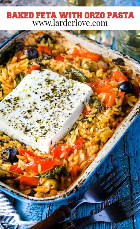 Greek baked feta with orzo pasta is super easy to make in one oven tray, packed with amazing mediterranean flavours it is perfect as a sharing starter or as a main dish for tow people. #bakedfeta #greekfood #greekrecipes #fetacheese #mezze #greekmezze #mediterraneanfood #larderlove Greek Baked Feta, Baked Feta Recipe, Orzo Spinach, Easter Side Dishes Recipes, Orzo Pasta Recipes, Mediterranean Vegetables, Orzo Dishes, Greek Orzo, Oven Tray