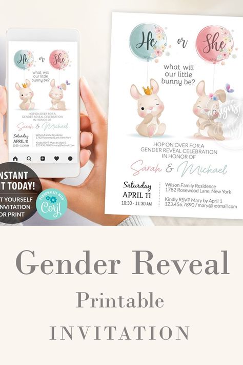 Easter Gender Reveal Invitations, Gender Reveal Itinerary, Bunny Theme Gender Reveal, Bunny Gender Reveal Ideas, Gender Reveal Easter Theme, Easter Gender Reveal Ideas, Easter Egg Gender Reveal, Easter Themed Gender Reveal, Gender Reveal Easter