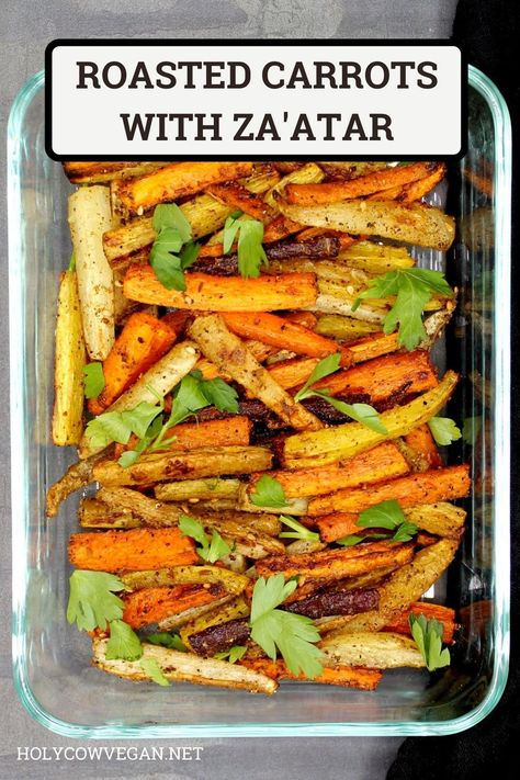 This simple, four-ingredient dish of roasted carrots with the lemony middle eastern spice mix, za'atar, is a terrific side to serve with almost any meal, and it couldn't be simpler to make. #roastedcarrots #carrotrecipe #easyrecipe #vegetablesiderecipe #holycowvegan Middle Eastern Roasted Carrots, Zaatar Recipes, Zaatar Recipe, Easy Diner, Oven Roasted Carrots, Roasted Carrots Recipe, Thyme Recipes, Dried Berries, Za Atar