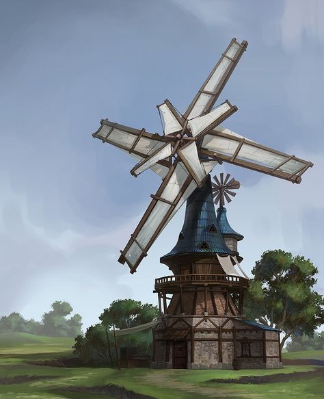 Windmill Fantasy Art, Windmill Concept Art, Steampunk Windmill, Minecraft Windmill Design, Fantasy Windmill, Medieval Windmill, Windmill Art, Fantasy Village, Old Windmills