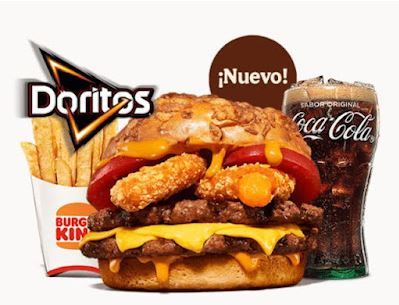 The burgers are so named as they include Doritos Bites in each burger/sandwich. Doritos Bites are crispy-fried triangles of Doritos cheese sauce (which are similar to the Doritos Loaded that 7-Eleven offered a while back). Burger King's Cheesy Doritos burger features one or two flame-grilled beef patties and two Doritos Bites served with cheddar cheese slices, Doritos Cheddar Sauce, and tomato on a toasted cheddar bun. A chicken version is also available and comes with two crispy-fried chicken Doritos Burger, Doritos Loaded, Doritos Cheese, Cheddar Sauce, Burger Sandwich, Beef Patties, Crispy Fried Chicken, Grilled Beef, Beef Patty