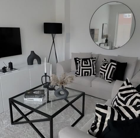 Home Decor Ideas For Condos, Black Living Room Accessories, White And Grey House Aesthetic, Grey Black And Teal Living Room, Living Room Inspo Black And White, White And Black Apartment Decor, Living Room Decor White And Black, Light Grey Couch Aesthetic, Apartment Living Room Decor On A Budget